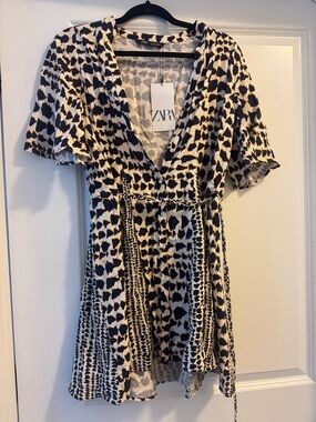 ZARA Cream and Black Animal Printed Wrap Dress